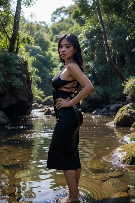 21yo girl, black hair, (bun hair). Wearing a black balinese kebaya, showing shoulders, cleavage, showing big thighs, natural big breasts, sitting in a waterfall.,