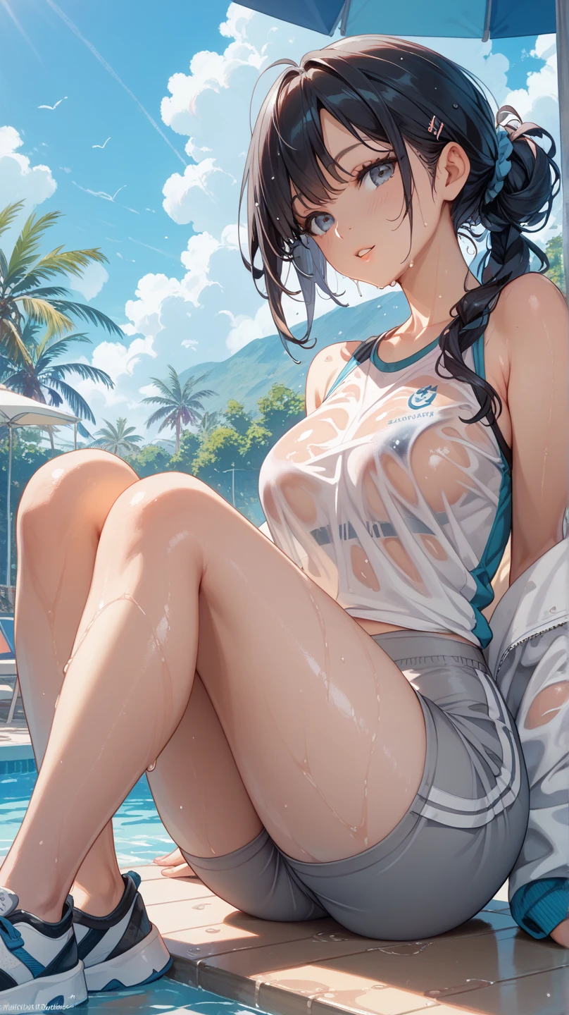 1girl black_hair blush bottomless breasts cleavage closed_eyes cloud collarbone day flip-flops full_body grass hand_in_own_hair hand_up medium_breasts medium_hair no_bra no_panties outdoors parted_lips pee peeing pussy sandals see-through sky solo squatting tank_top toes tree uncensored wet wet_clothes white_tank_top