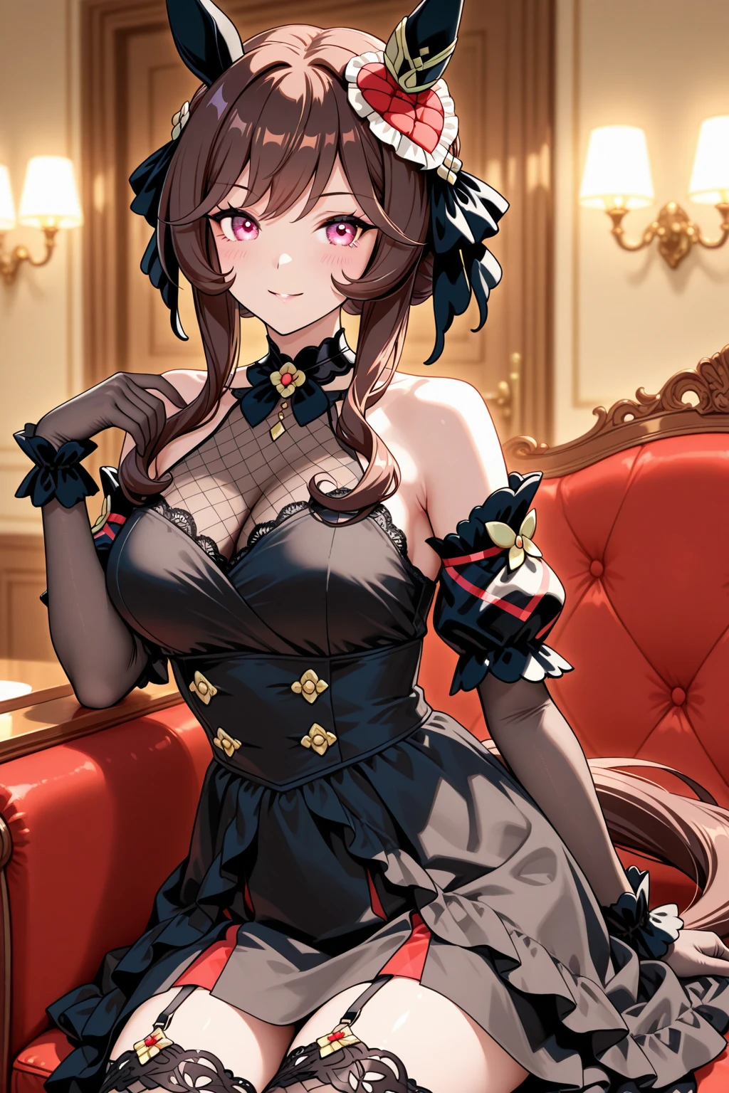 Anime style beutiful woman, 1girl,fullbody, happy, (with sparkling eyes and a contagious smile:1.2), red face, closed mouth, beautiful detailed eyes, super detailed skin, backlighting, bare shoulders, black background, black dress, black gloves, black hair, breasts, dress, earrings, fingerless gloves, floating hair, floral print, flower, gloves, gold earrings, gold hairband, hair flower, hair ornament, hairband, holding, holding weapon, jewelry, large breasts, long hair, looking at viewer, off-shoulder dress, off shoulder,red eyes, short hair with long locks, sidelocks, solo, spikes, thighs, two-sided dress, two-sided fabric, weapon, fighting stance , face, close up, from above, highest quality, high resolution,Real World, Natural light,perfect Natural light,looking at viewer,