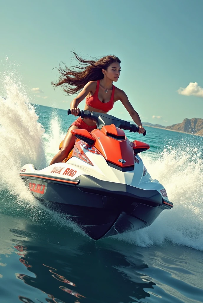 Human square figure on a jet ski