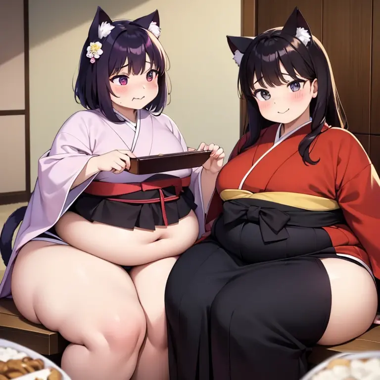 （masterpiece、best quality、Super quality、Perfect anatomical structure、detailed、Intricate details、Impeccable attention to detail、Excellent execution、Big breasts beauty、upscale、Perfect craftsmanship、Performance Arts：1.3），（fat、Chubby、Plum：3.45）， 2 girls， Black hair color, White hair, By Bangs, Wide waist, Wide body,Cat ear，Huge belly，The abdomen is divided into two layers，The belt is tightening the belly，sitting in water，The belt is tightening the belly，Hip-covering skirt：3），Tight fabric on chest，Chubby，Heavy stomach，hot spring，Two fat cat women huddled together face to face，sitting in water，Skirt rip，hot spring，Eating，hot spring，Tight fabric on chest，kimono，The skirt is tight on the lower abdomen，hot springkimono，kimono，Anime cat girl huge intestines eat a lot of food and intestines on the table - car，Swollen stomach