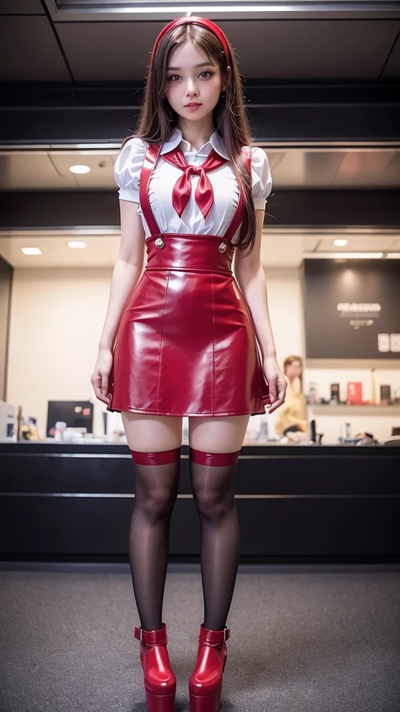 Masterpiece, top quality, highly detailed, Beautiful mature girl wearing black frame glasses, long pink  hair ponytail with bangs,Black  uniform with red trim, red tie and thigh-high black stockings
