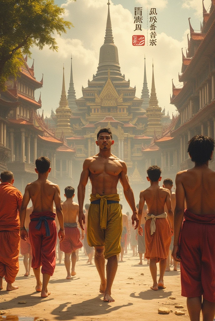 During Buddhist Lent, monks in Thailand dress modestly, but their bodies are not tight and their muscles are clearly visible. Five people with freshly shaved heads and eyebrows. The backdrop is a golden pagoda at night.
