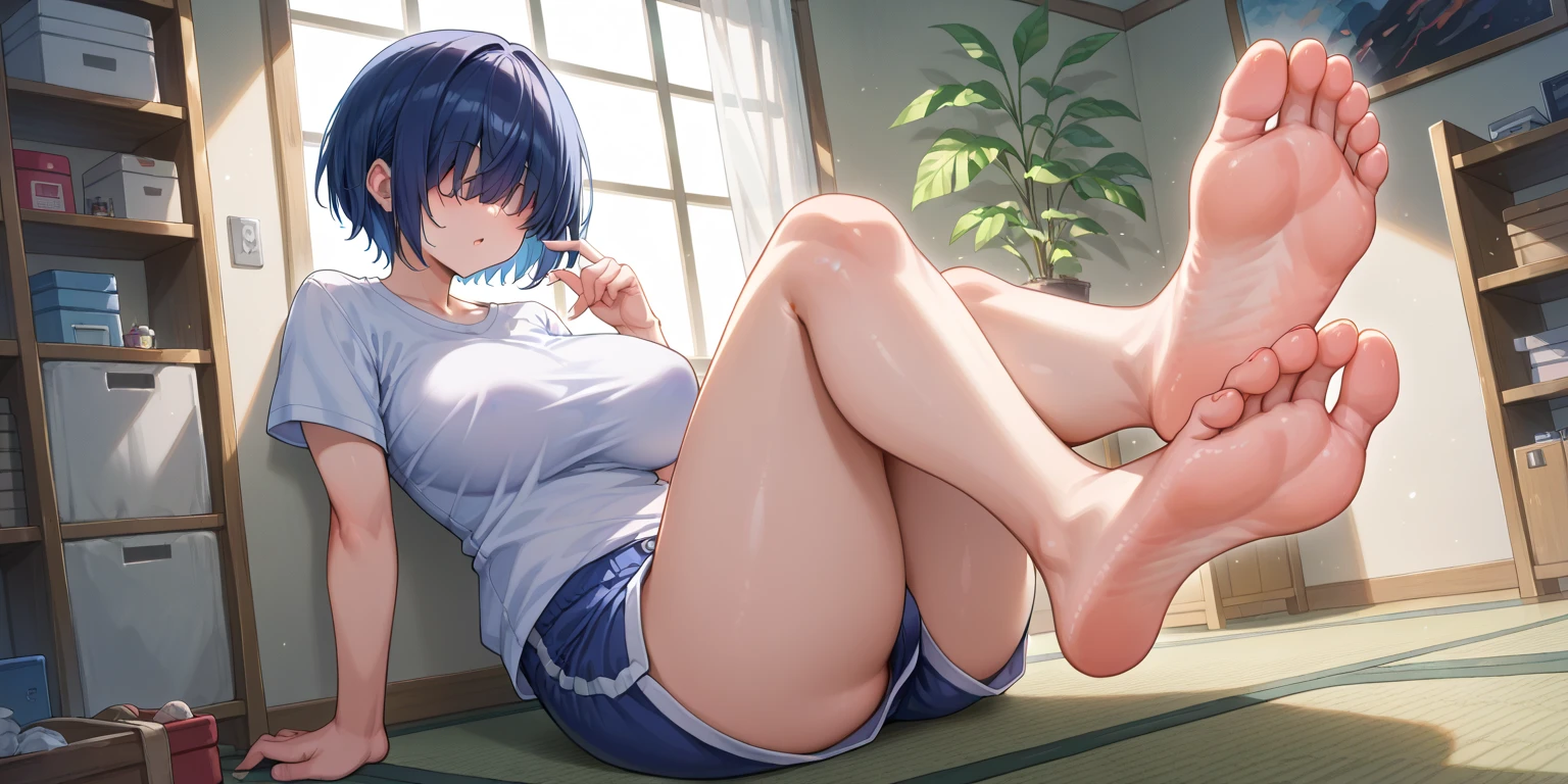 Japanese countryside futon,joy,Ahegao,close your eyes,1. small ,short hair,Black Hair,blush,Completely naked,barefoot,White skin,From below,shy,Sweaty,Wet,Creampie,