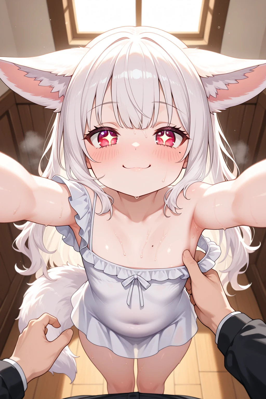 score_9, score_8_up, score_7_up, source_anime, 1girl, solo, nanachi-helmetless,narehate, nanachi (made in abyss),green eyes,white hair,sidelocks,long hair,furry,tail,animal ears ,erect nipples, hard nipples, black pantyhose, smile, nude, huge ass,blushed, wide hip, street, prostitution, wet, nude, jacko pose