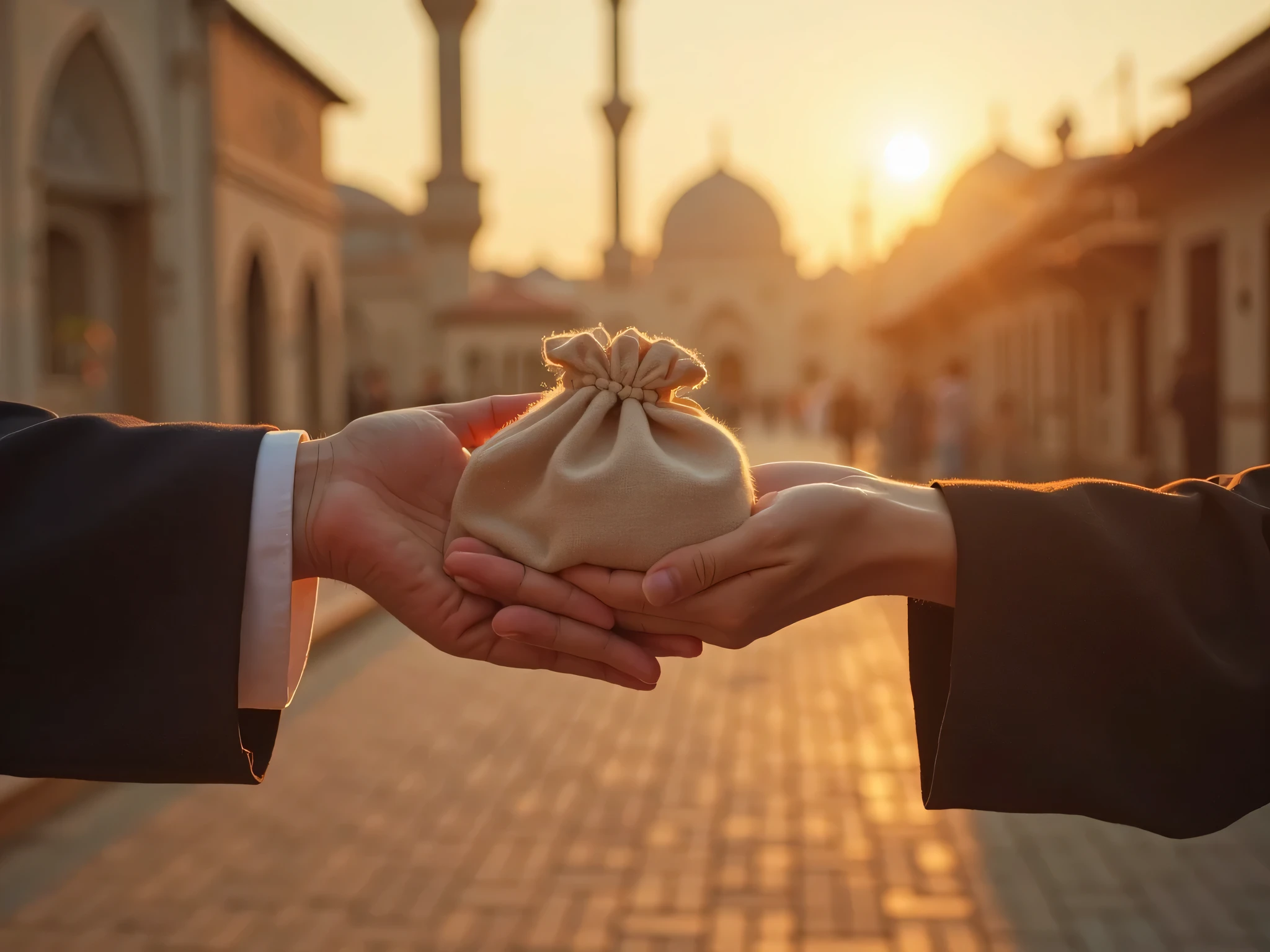 An Arab sheikh is giving a handkerchief to the owner of a goldsmith's shop, and there are two goldsmith shops, and the shop is built according to modern standards, and beautiful necklaces are lying behind them.