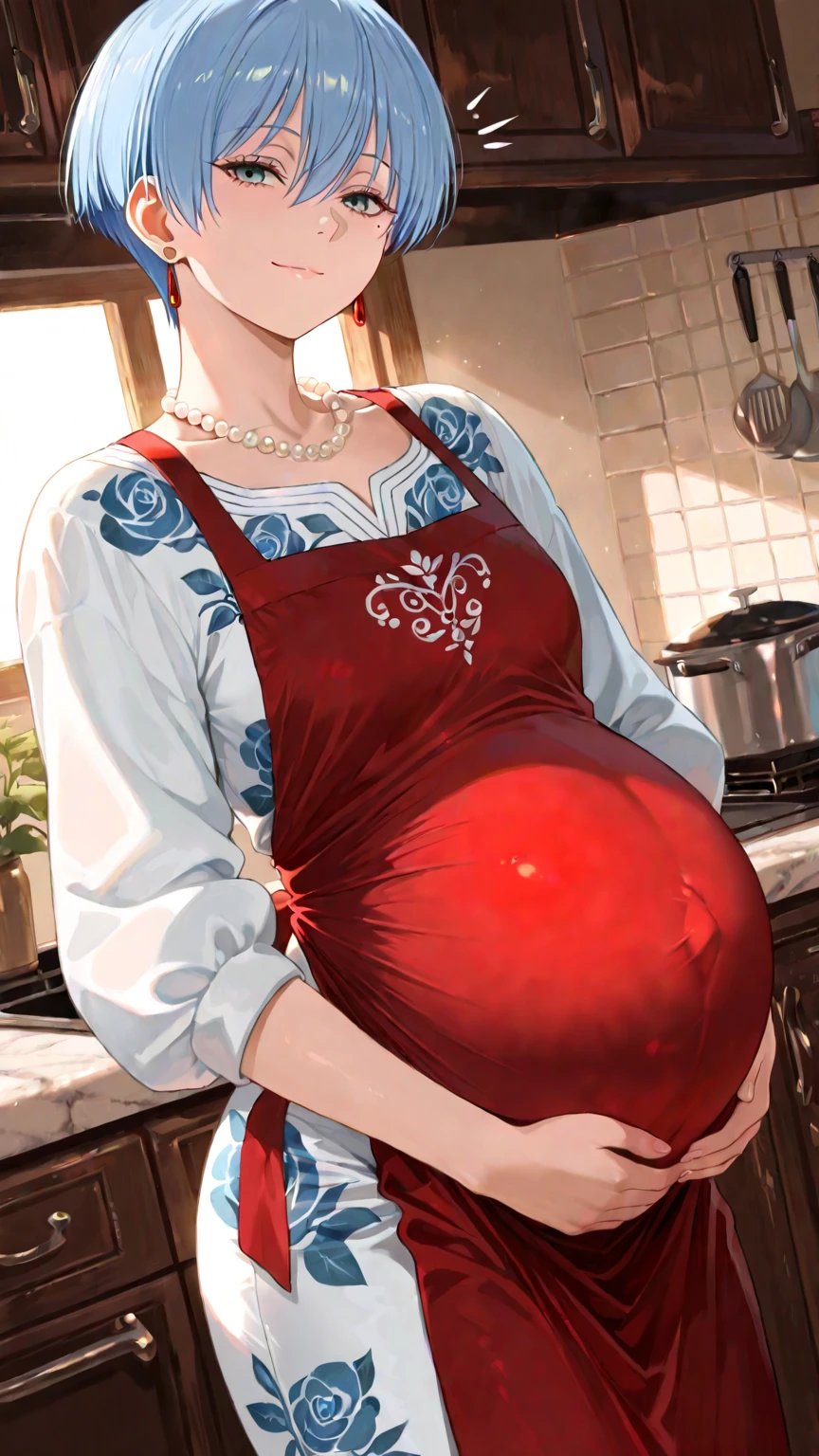 (Best Quality, Masterpiece), Front cover of a women's cooking magazine, 1girl, 30 years old, big pregnant belly, pregnant 10 months, stunning, cute, heartwarming smile, hourglass figure, wearing floral dress, pinny apron, beautiful food, text, diagrams, advertisements, magazine title
