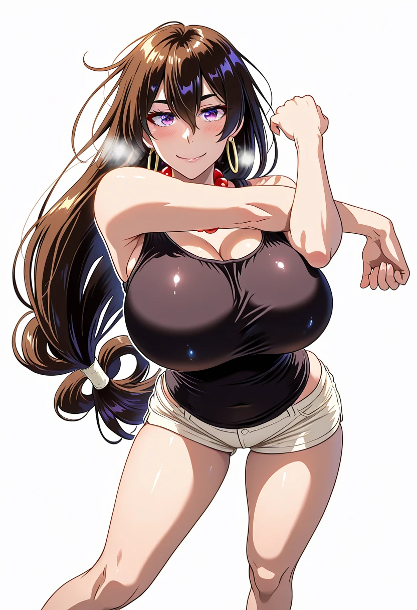 a drawing of a woman in a branco dress with a big breast, muscular! branco, suor muscular lara croft, muscular!, muscular!!, Garota musculosa, decote, tifa lockheart, tifa lockhart, tifa, personagem feminina de anime, makoto shinka, close da parte superior do corpo, mulher anime, seios grandes!, Senna do League of Legends, in branco clothes