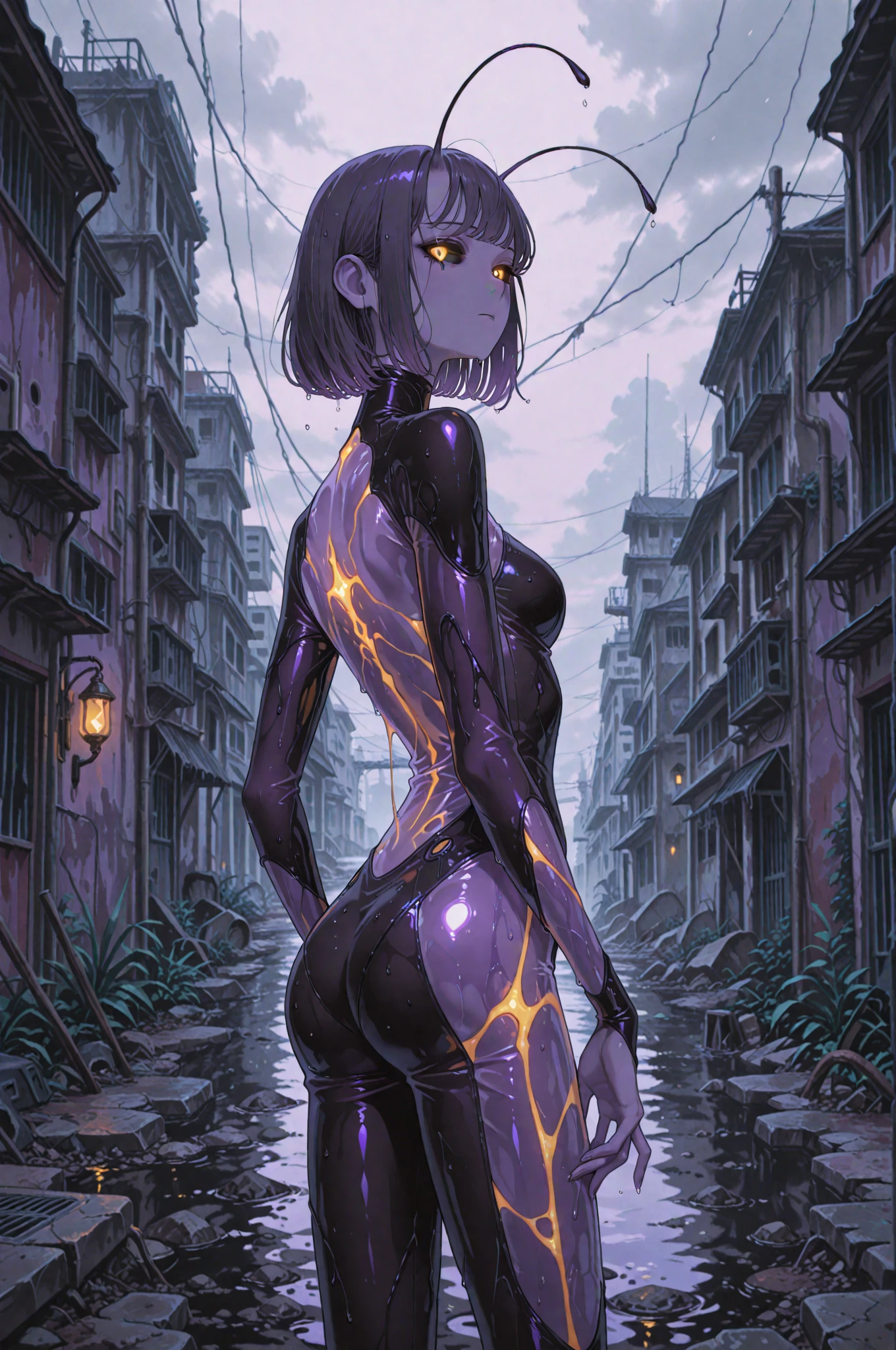 (((intricate design))) (((top quality))) (((16K))) (((high definition))) 16K splash art (((photorealistic))) high-res, ultra sharp, ((masterpiece)), the best quality, expressive eyes, perfect face, (((iridescent open robes))) super eyes, perfectly detailed anatomy (((volumetric lighting))) (((natural lighting))) in a cyberpunk city, (((neon lighting))) (((fluorescent lights))) (((backlighting))) (((nighttime))) (((1Male))) (((bodybuilder))), (((hyper muscular))) (((hyper pecs))) (((realistic bulge))) (((purple male humanoid))), (((he has purple skin))) humanoid flower, thighs (((Purple Skin!))), (((purple long hair!))) (((purple skin tone!))) (((purple skin complexion))) (((colourful tattoos))) fruity personality, pink glowing eyes, bloom, handsome humanoid male, spreading his pheromones, flower clothing, plants, pot plants, succulents, deity, god of flowers, blooming, oily skin, shiny skin, veins, veil, sheer, water,
