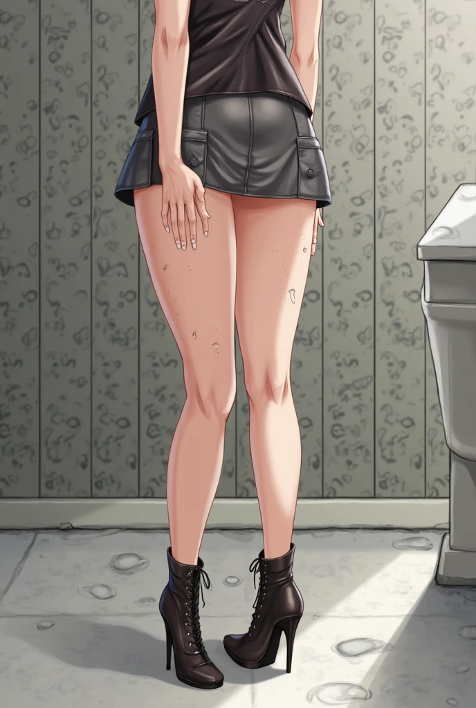 ((High Quality image 10k)) (( perfect autonomy)) Masterpiece, solo girl, brown eyes, red hair, wearing sleeveless black shirt, naked Bottom, pussy focus, pussy juice coming From pussy, sexy legs, evil smug grin, barefoot, Standing, in the park