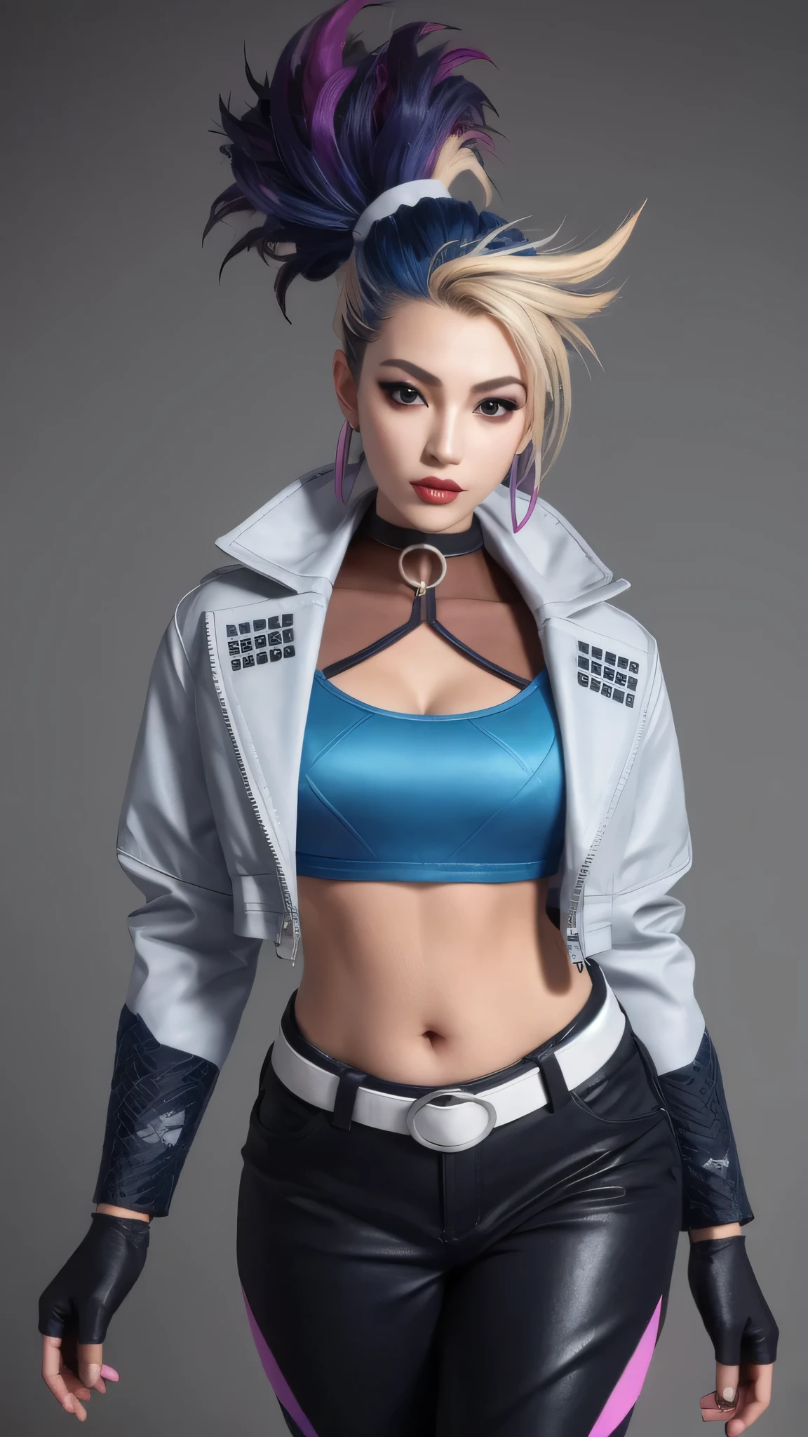 blue blue theme, simple background, 
(((kda all out akali))), akali, k/da \(league of legends\), high detailed, highres, cowboy shot,1girl,absurdres, solo, looking at viewer, navel,full body,
multicolored hair, two-tone hair, (high ponytail:1.3), blue eyes, blue hair, blonde hair, ([blue:blonde:0.5] hair:1.2),long hair, lips, eyeshadow, makeup, earrings, cleavage cutout, clothing cutout,leather jacket,(cropped jacket:1.2), open clothes, open jacket, two-tone jacket, shiny clothes, multicolored clothes, (nattier blue jacket:1.3), multicolored jacket, ( wrist cuffs),( Blue cuffs),( argyle cuffs),blue sports bra, (zipper), midriff, stomach, buckle, partially fingerless gloves, black gloves, gloves, jacket, jewelry, medium breasts, breasts, (black pants:1.2),tight pants,Leather pants,shiny pants,white belt, shoes, black footwear,shiny,crop top,nail polish, 
 <lora:kDAAllOutAkali_kdaAllOutAkaliLora:1.2>,<lora:koreanDollLikeness_v10:0.5>,<lora:pureerosface_v1:0.3>,
((photorealistic:1.4)),best quality ,masterpiece, an extremely delicate and beautiful, extremely detailed ,4k wallpaper, Amazing, finely detail, masterpiece,best quality,