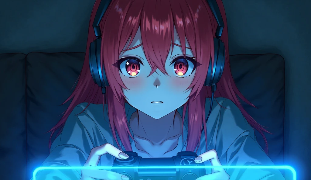 (masterpiece), (highest quality), (illustration), (super detailed), (high resolution), absurdity,1girl,solo,sakura futaba, persona, orange headphones,gaming chair,computer keyboard,desk,game controller,holding game controller,indoors,monitor,looking at screen,expressionless,mouth open,drool,empty eyes,mind control,hypnotized,blush,sitting