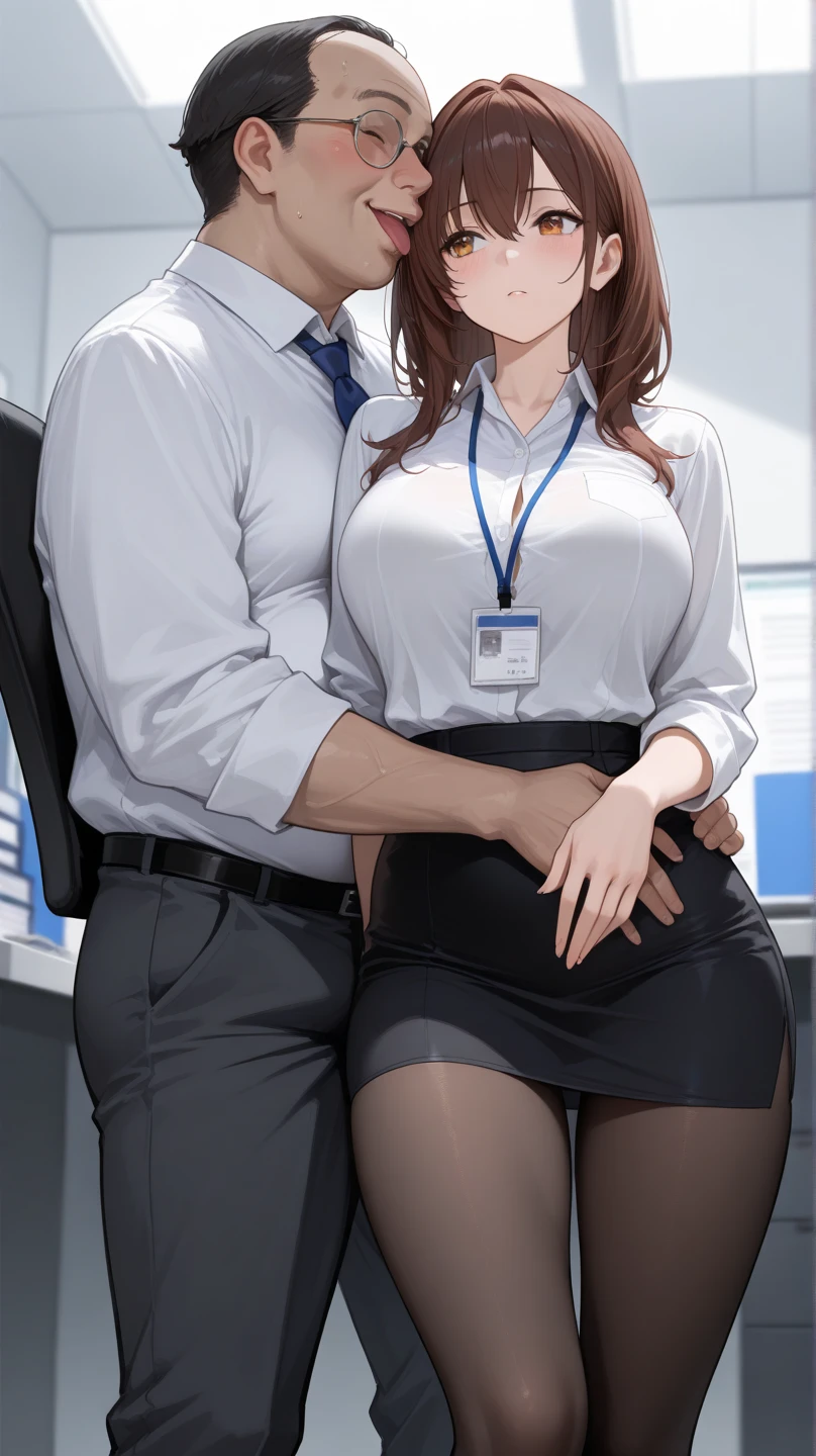 An anime about insemination and clitoris worship, multiple frames, multiple panels, office worker