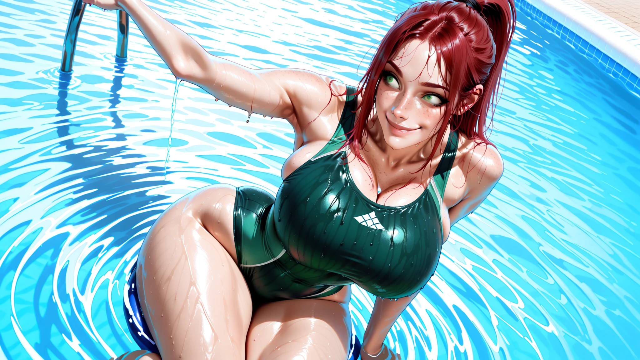 (Full body image:1.4), (A Laura,Female:1.5), (Big breasts:1.5). Wearing (red swimsuit with white extremely small:1.3), looking at viewer, smiling. She is in a city at night raining heavily and thundering. She has (short green hair:1.0), (light blue eyes::1.0), is doing an exhibitionist pose, her attire is (extremely tight on her body:1.4), (making sexy poses:1.4), (extremely exhibitionist woman :1.4), (body/hair/extremely damp and wet:1.4), anime, 16k, award winning, high quality, high detail, masterpiece, UHD.
