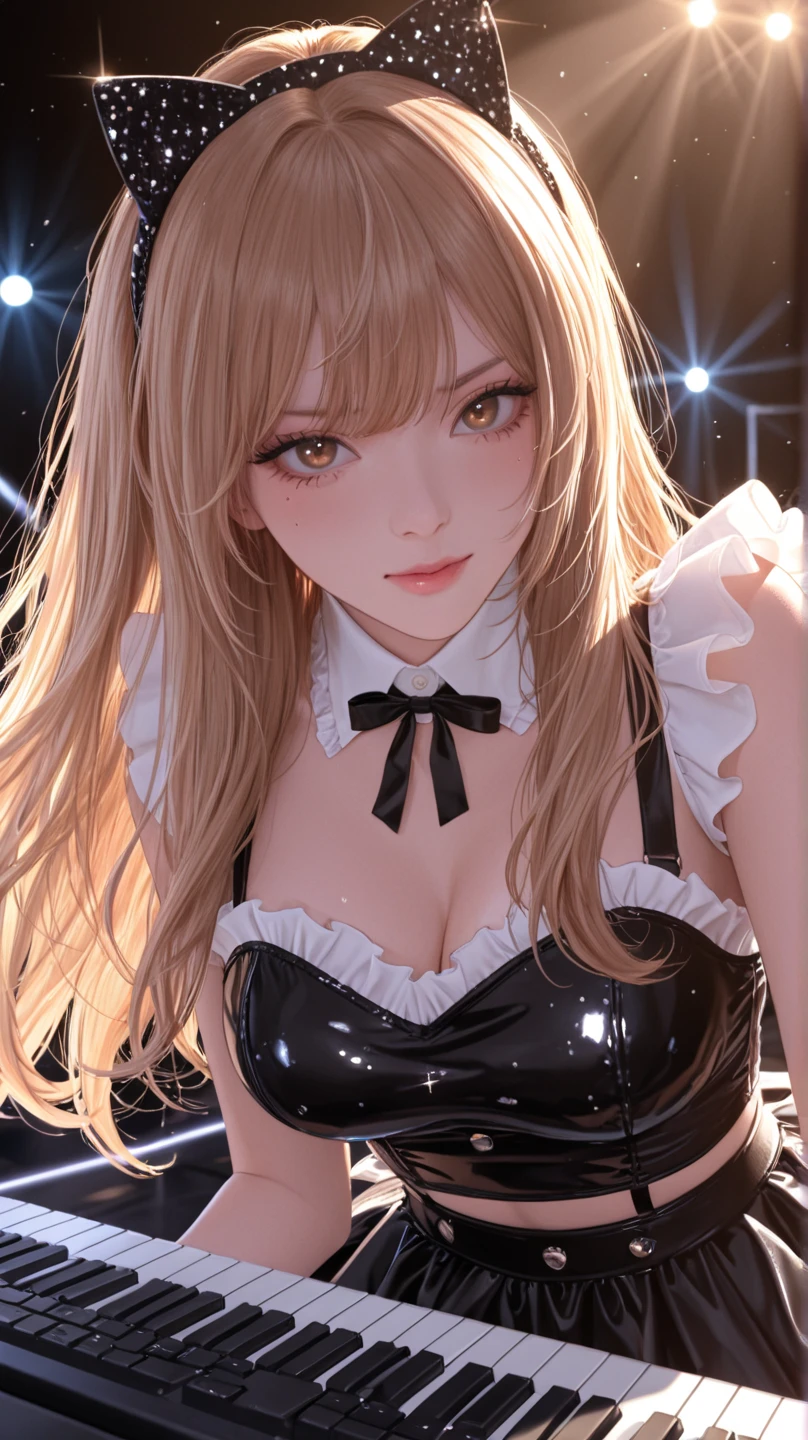 (Highly detailed CG、Unity、8k wallpaper)、(Very delicate and beautiful)、(masterpiece)、(Highest quality:1.0)、(超High resolution:1.0)、Beautiful lighting、Perfect Lightning、Realistic Shadows、[High resolution]、Detailed skin、Ultra-detailed、Detailed face and eyes、Realistic eyes、Sharp pupils、High Angle、bar counter、over the counter:1.4)、Glowing Skin, 20 year old beauty、Beautiful wavy golden hair、 Twin tails、blue eyes、Beautiful Face、Blurred Background、Playboy Bunny Girl、High cut leotard、A bow tie、cuffs、Wearing fishnet stockings、Black rabbit ears、Rabbit&#39;s tail grows、Have a drink、Mischievous Smile、curve、From behind, rtrophto1