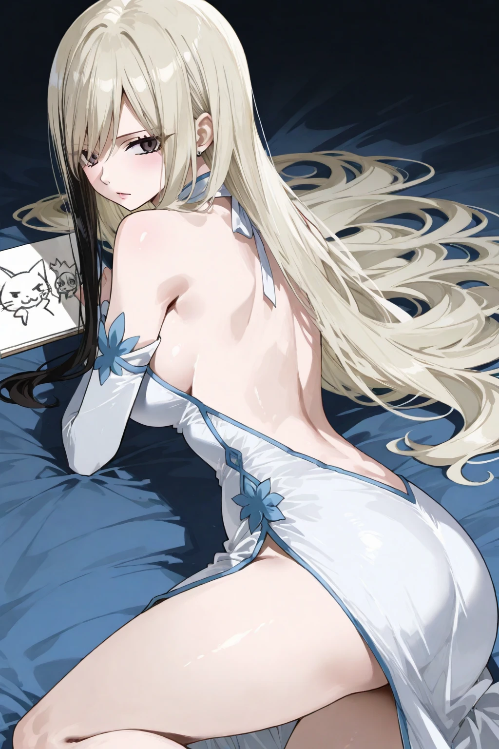Silver hair, blue eyes, light skin, thigh-high black stocking on right leg, turquoise earrings, hand touching blue bow, (covered eye by hair:1.5), Elizabeth, forest, grass, tree, green lingerie, lying on bed