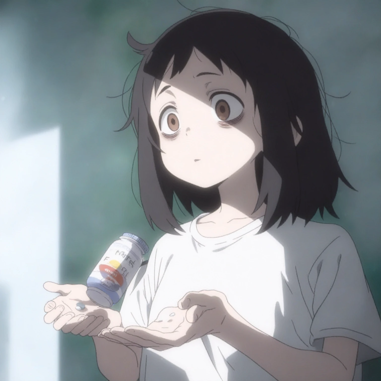 Boyish girl with short hair、Drinking water from a clear plastic bottle、Dry throat、Short sleeve t-shirt in tight white