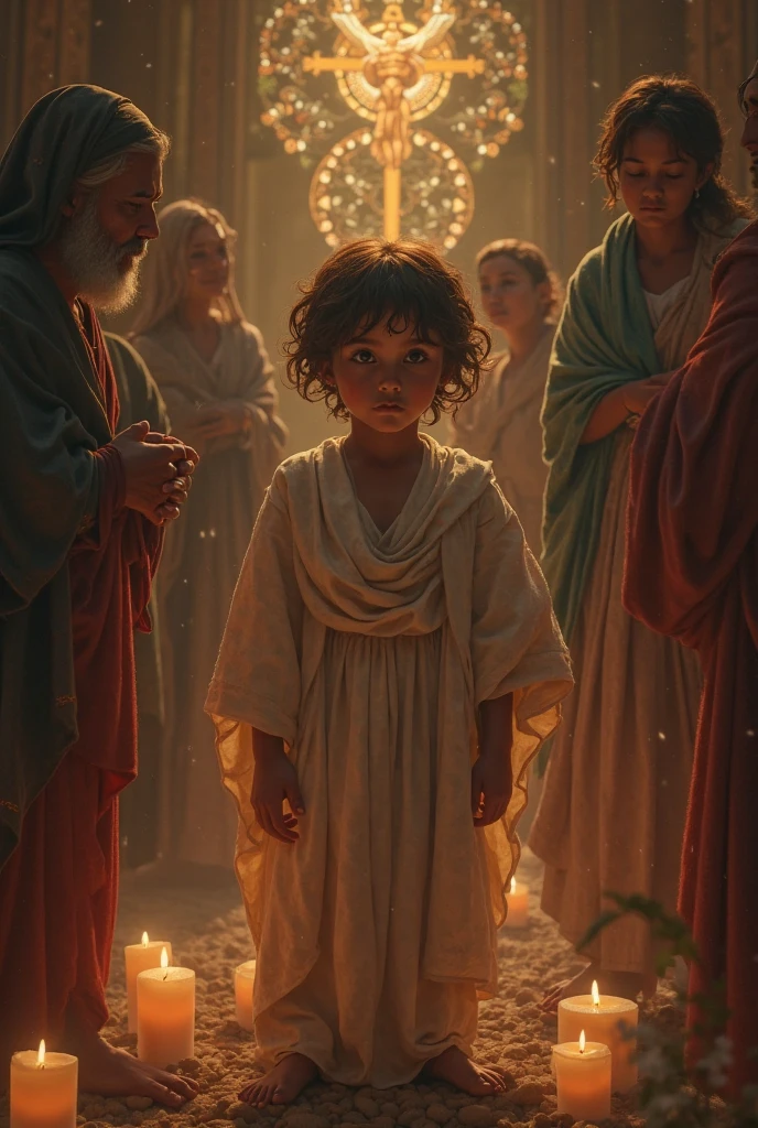 Samuel as a child in Israelite robes praying and looking up excitedly