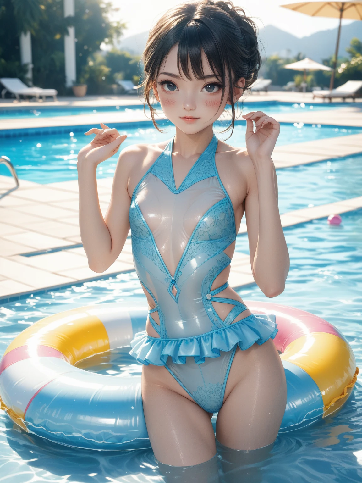 ((masterpiece)), 4k, beautiful (((Japanese cute idle))), ((best quality)), professional lighting, highres, 35 mm lens, f 1/1.4, 18 years old, blonde streaked braid hair, round face, short neck, supergirl, (looking at viewer), (detailed face:1.2), full body, (red sparkly plunk lips:1.1), realistic painting,  intricate, (realistic eye:0.9), (realistic painting:0.9), beautiful shine blue eyes, (flat chest:0.8), ((small breasts)), smile, embarrassed, strong morning direct light, clean nasal bridge, frozen, soft tits, (sparkly red bikini with loose front opening:1.1), (bound and crucified with mass of chains made of crystal:1.3), (erotic:0.9), raise one arm, armpit, golden bracelets, red boots, (many small fine ice crystals:1.1), (wonder woman:0.6), ribs are faintly visible, (much water dancing in the air:1.3), bathing, indoor, in pool, (shiny skin:1.2)