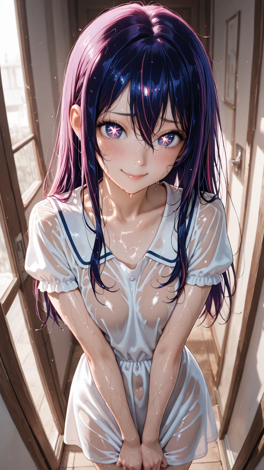 (masterpiece, best quality), intricate details, 1girl, <lora:HoshinoAi_v9-000007:0.8>, Hoshino Ai, blush, naughty smile, long hair, purple hair, streaked hair ,purple eyes, star-shaped pupils, hair ornament, (unbuttoned shirt, open shirt:1.3), wet, (wet shirt:1.5), (bra:1.4) closed mouth, (rain), indoors, school, (small breasts:1.3), (pleaded skirt), looking at viewer, navel,