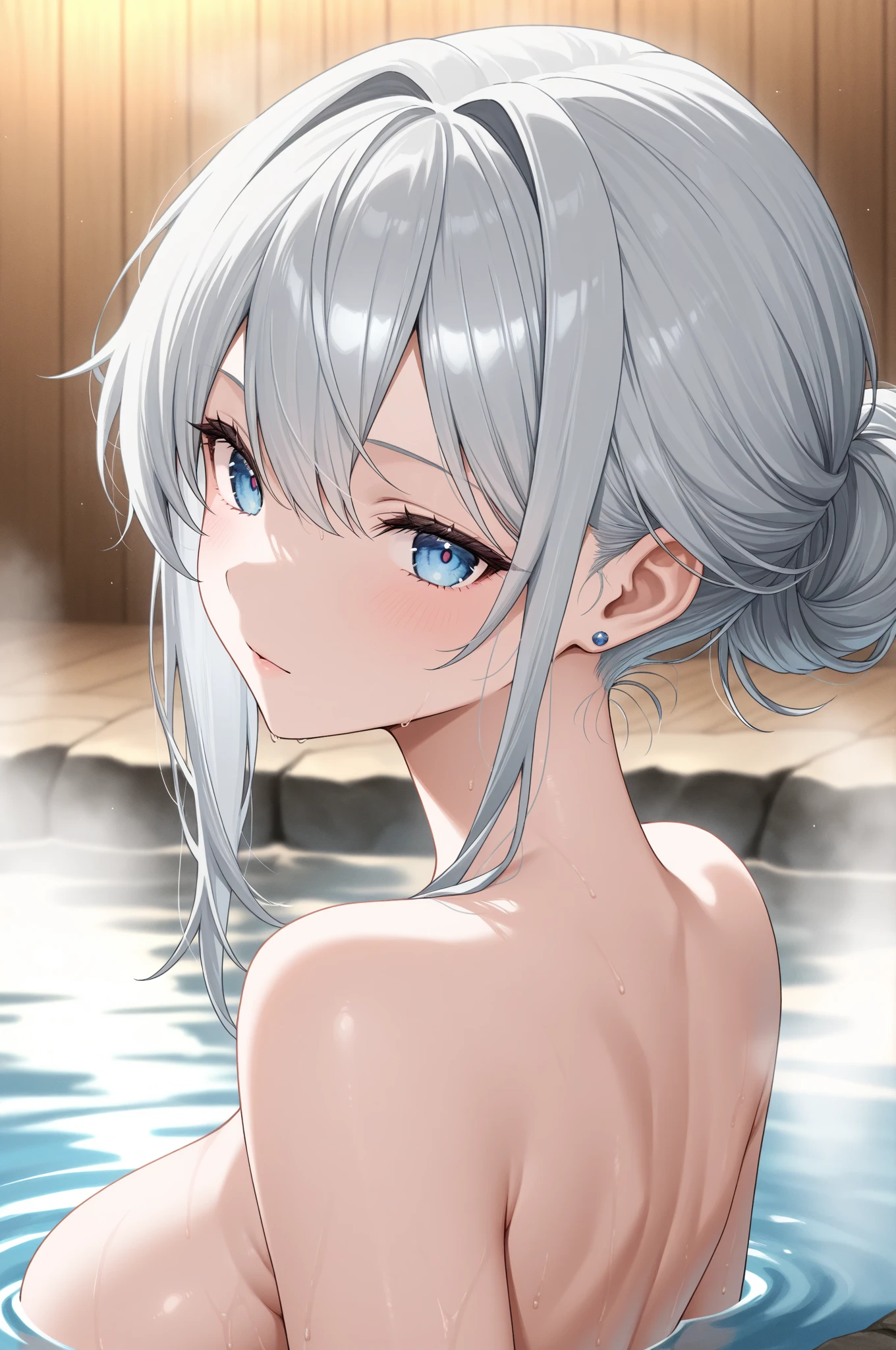 1girl, white hair, purple eyes, portrait, realistic, towel, (onsen), sidelighting, wallpaper, nsfw,