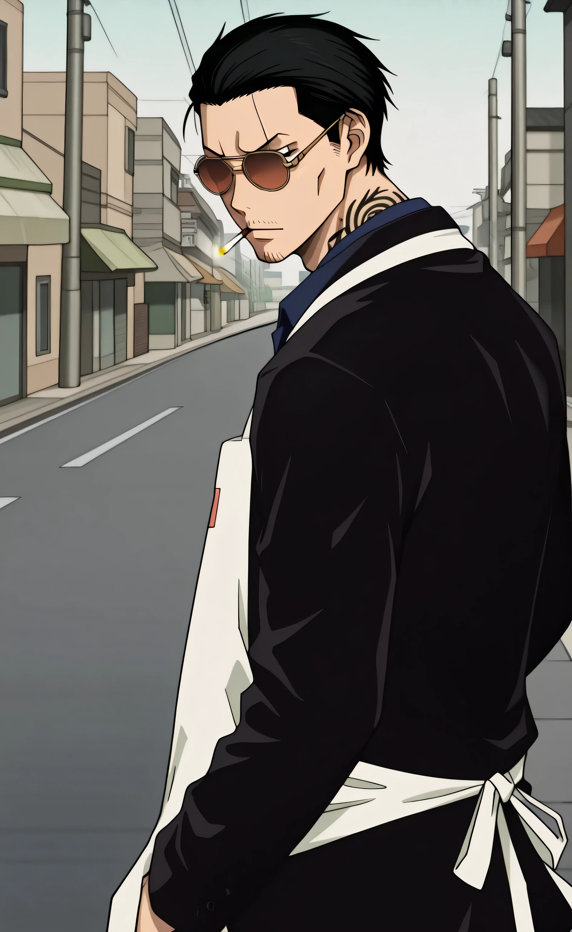 1male,solo,Tatsu,black hair,short hair,slicked back hair,black eyes,sun glasses,blacksuit,navy blue shirt,white kitchen apron,japanese tattoo,yakuza,leen muscle,street,smoking,1ciggarette,Sakamoto Days Anime Style