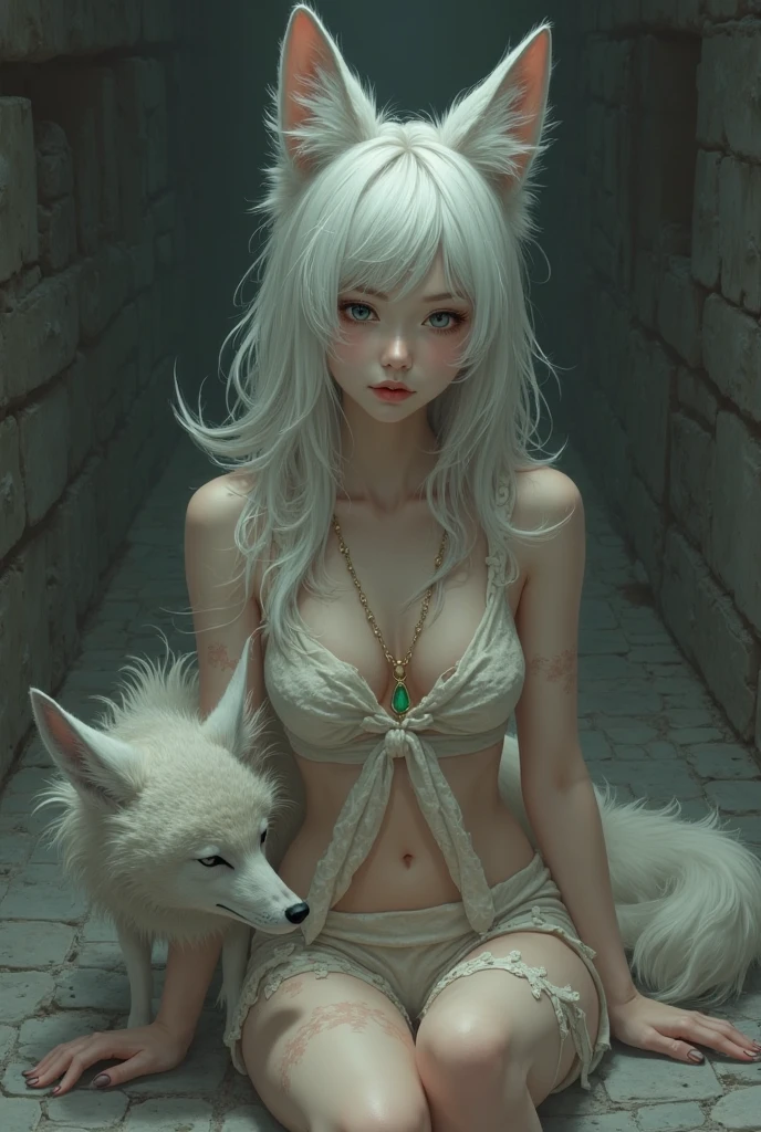 [best quality, shaded, extreme detail, very detailed, ultra detailed, intricate, realistic], wolf woman, fur and bushy hair, silver fur, bushy tail, dressed only in a fur dress, the woman is crouching with an expression wild, prehistoric cave decor,