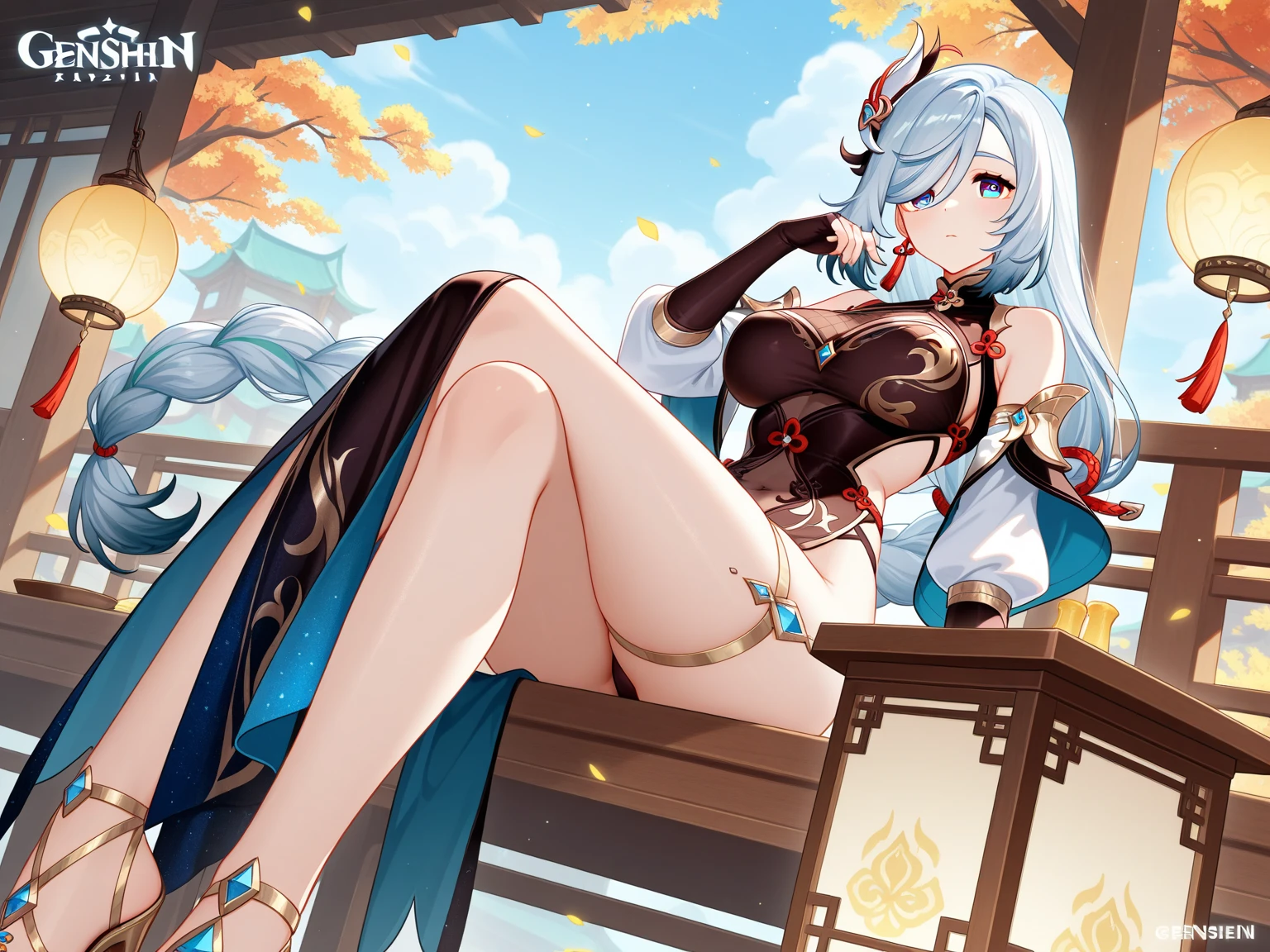 shenhe_\(genshin_impact\), hiten kei style, 1 girl, solo, claude monet, oil painting, masterpiece, hyper realistic, realistic skin, best quality, 1girl, lakeside, huge breasts, huge nipples, erect nipples, looking at another, topless, full body, vector illustration, nipples, light smile, blunt bangs, long hair, stomach, navel, bare shoulders, white hair, braided, mountain peak, sarong, loincloth, black pantyhose, red tassel, sitting on a bench, reading a book, inside a pavilion, windy skiy, sky, open mouth, bored, cliffs, falling leaves, minerals, resting, wet body, enchanted light, glowing flowers, clouds, autumn, orange grass