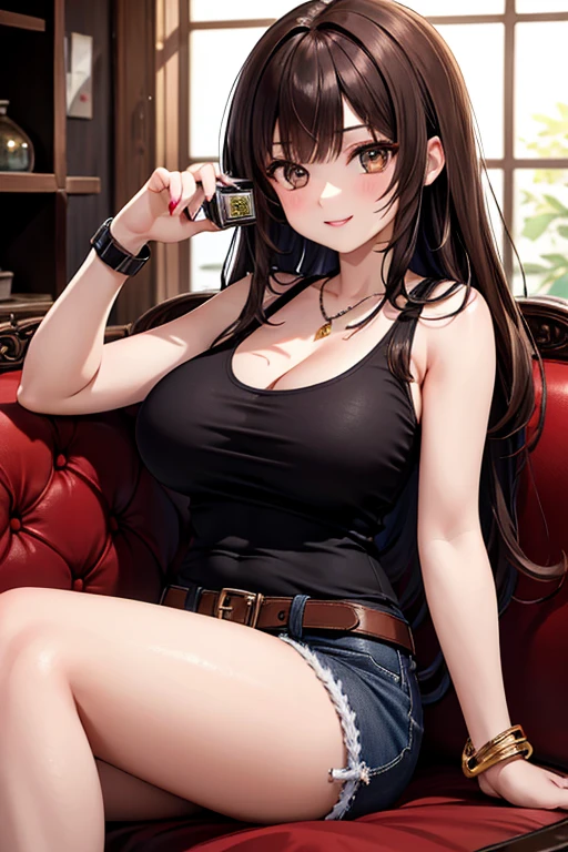 Girl in summer clothes, Medium flared skirt, pantyhose, Make her want to kiss you, View from the Viewer, medium breasts, cleavage, cityscape, flirty look, ((very detailed)), (perfectly detailed face), (well detailed hands) photorealistic images.
