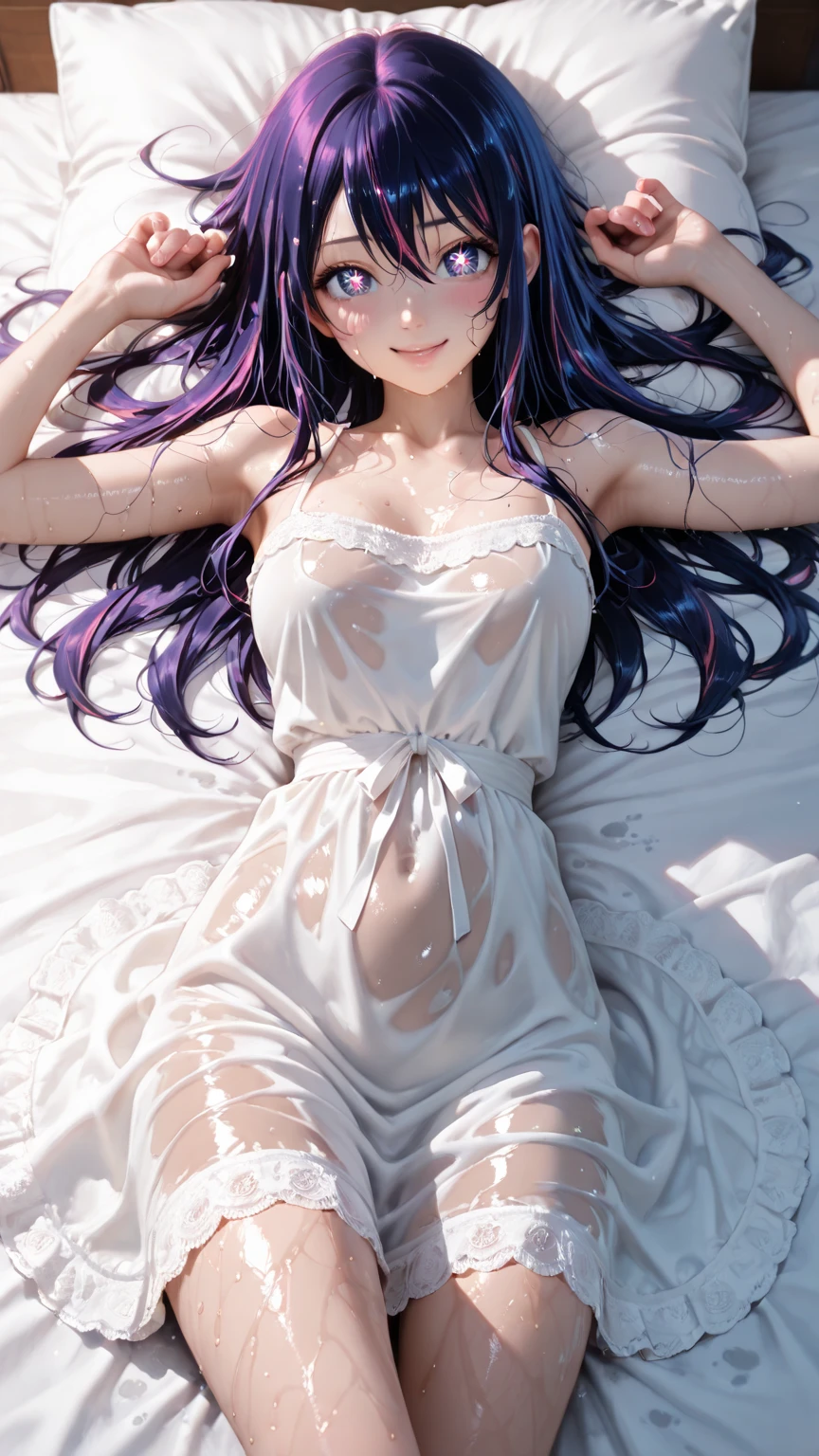 (Best Quality,High resolution,8K,finelity detailed background,Masterpiece:1.2),beautiful girl,Shiny purple hair,messy hair,Purple Eyes,Gentle look,A refreshing look,Best quality,Best Quality,Aesthetic and aesthetic:1.2,Best details((Super detailed))(High-definition CG illustrations),Glamorous grey underwear (gray,intricate lace),Slender body,Daytime,Sunshine,Bedroom,On the bed,smile,blush,cute,Scrounge,Looking up,Being spoiled,super model,wariza,shoot from above