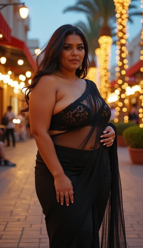 (latina Brunette Plus size woman), (large and sexy body), (long black hair), (Big breasts), ((Wearing a tight, transparent black dress)), (busy city background), (golden hour light), (photo realism), (hyper detailed), diffuse lighting, (Slightly blurred background with bokeh effect)