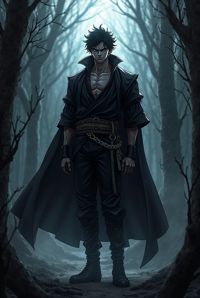The image is anime style cowboy bebop and Darker than black with shadows and dim lights, anime style although somewhat adult and dark, It shows a 2 man with many scars on his face.. Blonde Black Eyes in the middle of a forest. Swords come out of his body.