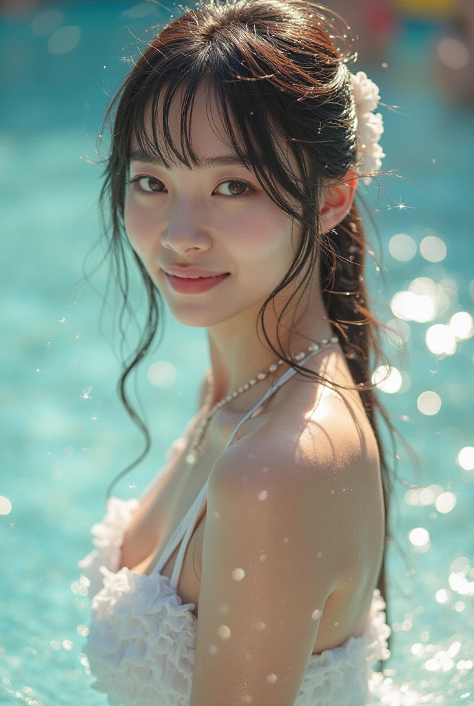 (Best-quality, Masterpiece, Ultra-High-Resolution, (Photorealistic:1.7), Raw Photo, depth of field, professional lighting, perfect ???????, extremely details), 1girl, 15-years-old, the most famous Japanese idol, ((having a lot of fun in the sea)), wearing bikini with cute-design, (extremely cute wet-face drenched with seawater, ((extremely cute and extremely big realistic-eyes), extremely cute wet-hair drenched with seawater, extremely beautiful wet-skins drenched with seawater, extremely beautiful wet-body drenched with seawater), extremely cute long-eyelashes, extremely cute lips, dynamic pose, detailed sea, detailed splash