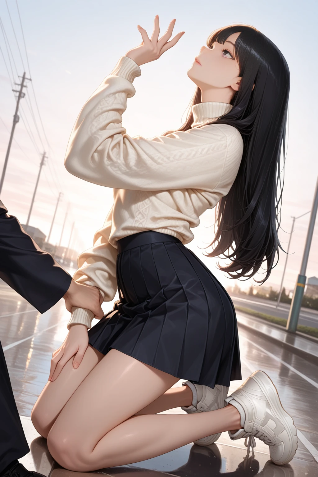 masterpiece, highest quality,1枚のphotograph 、One girl, View your viewers, Small waist, RAWphotograph、Accurate fingertips、 Ultra-realistic, High resolution, photograph, Sharp focus, Most detailed, Very detailed, Super detailed, In detail, Very detailed目と顔,Very detailed手と指、Idol、Thighs, beautiful girl,View your viewers, Small waist,Symmetrical face, whole body、sweater、Flared mini skirt、Black Pantyhose、Winter outfit、Large Breasts、Beautiful clavicle、Long Hair、Happy expression、High heels、Raise your arms、Lift your chin