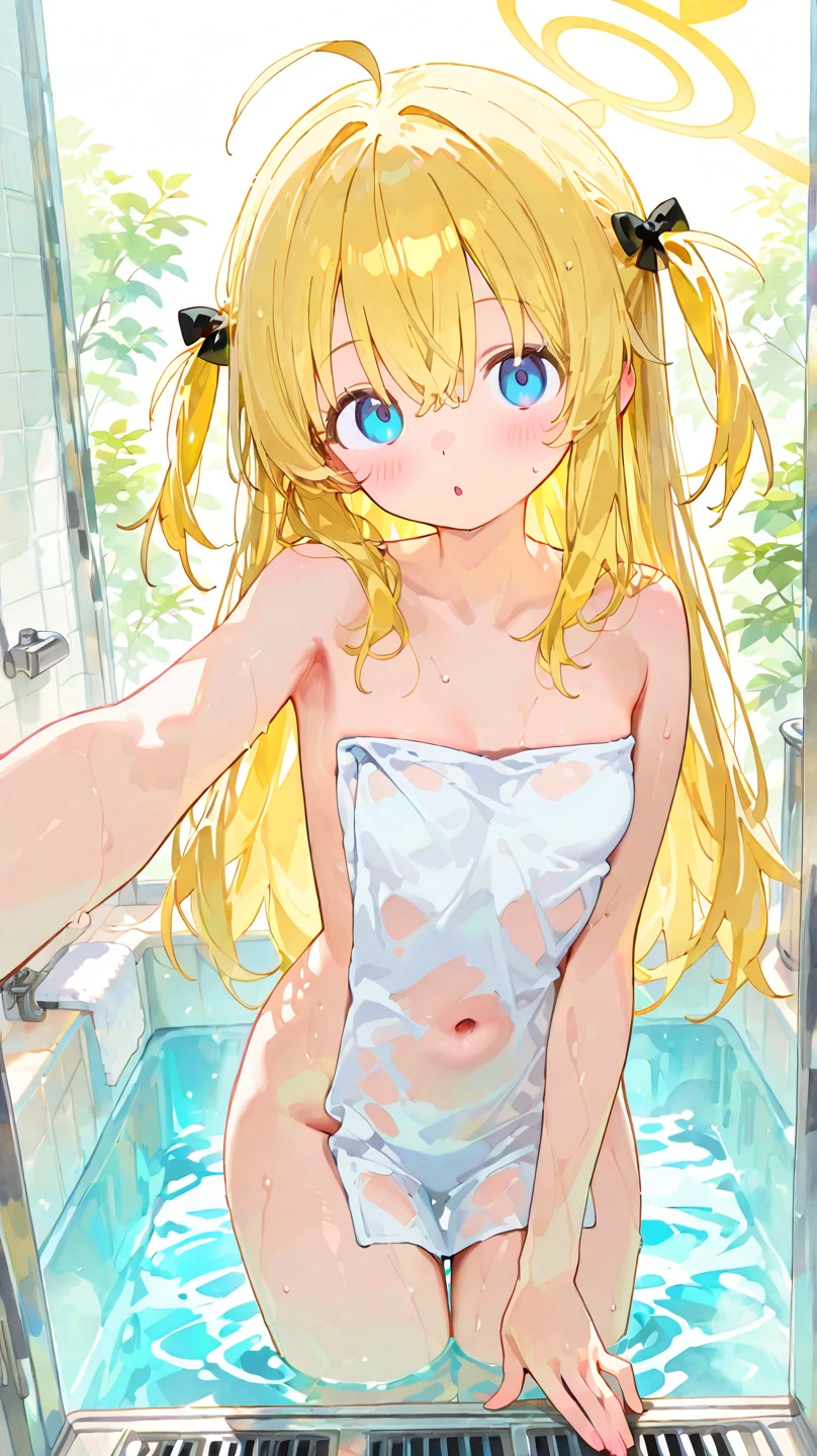 blonde hair, blue eyes, long hair, bath Primary school students、small、chest 8