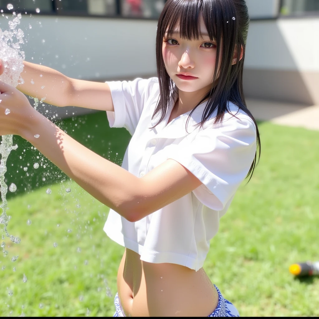 (best quality:1.2), masterpiece, Realistic, Ultra-high resolution, ((a beautiful Japanese idol  girl:1.2)), (), (Gaunt:1.3), (((Very flat :1.4))), ((Baby Face)), ((upper body)), (nup, cheerleader:1.2), (show me your armpit:1.2), (sweaty armpit:1.3), ((Armpits are wet and shiny with sweat)), She has skin that sweats easily Soaking wet, Sweaty, (I can see my pores:1.2), , solo, smile, standing, looking at viewer