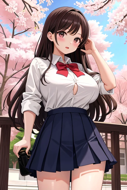 school girl in the desert , waistband of skirt is at the point above chest ,skirt dark red , plaid skirt , pleated skirt , Tight shirt , white Shirt , school girl , skirt under breasts , skirt is near breasts area , red knot , red bow , skirt is adjacent to the chest , steam , big breasts , big tits