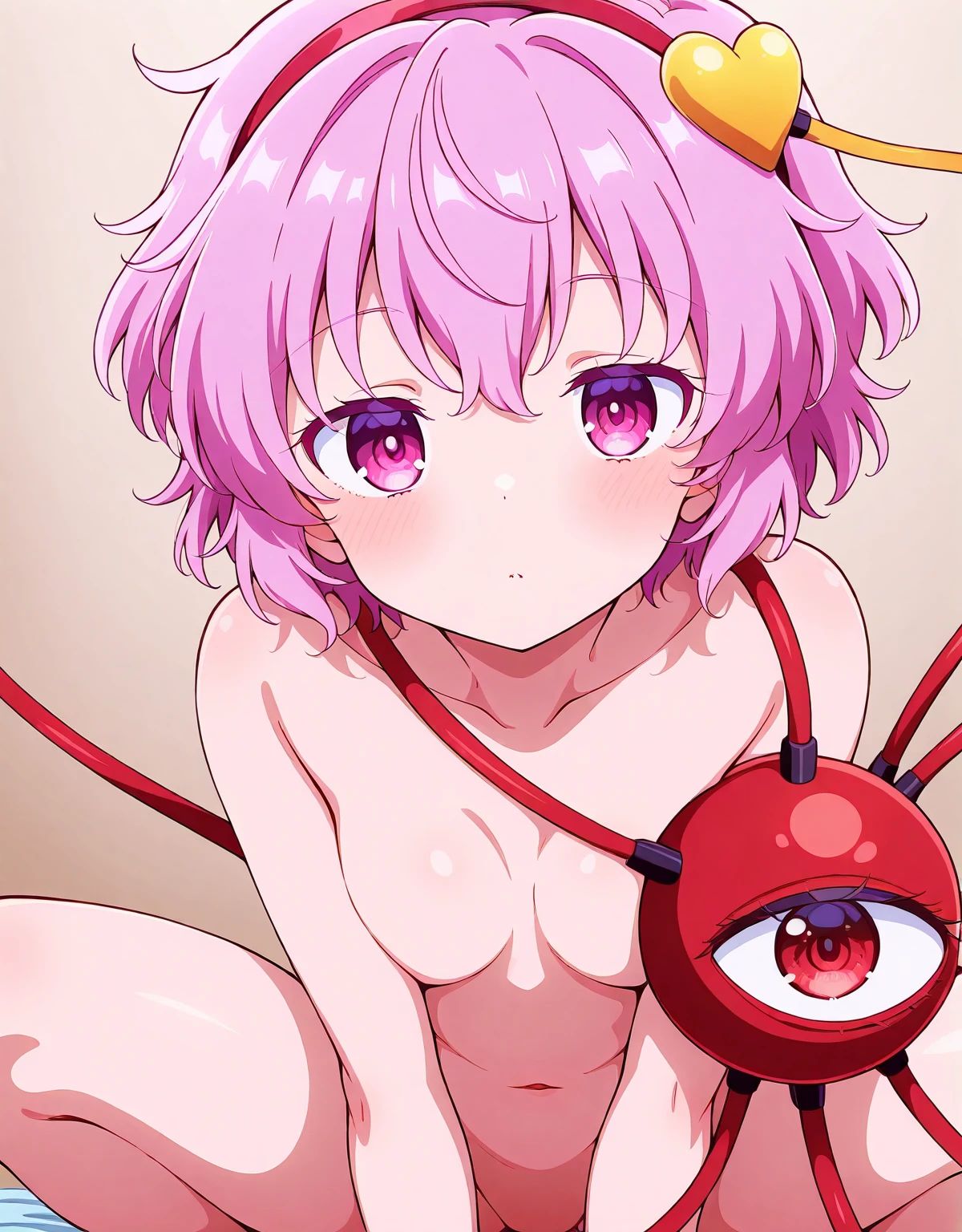 table top, highest quality, 1 girl,Komeiji Satori,Ahoge, pink hair,pink eyes,short hair,hair band, Third Eye, bedroom background,full nude、seductive posture、troubled face、I could see the whole body、thighs are open、i am courting you、spread your legs, raise your legs、beautiful breasts、Normal position