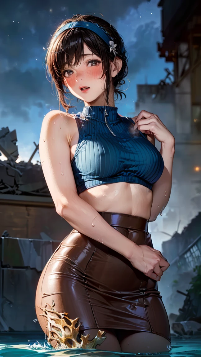 24-year-old woman、Sexy proportions、Long eyelashes、24-year-old female、Sexy proportions、Sexy breasts、Narrow waist、Long eyelashes、Cleavage Emphasis、Pixie Cut Hair((pixie cut))、Front cutout((front cutout))、Mini length flared skirt((flare skirt))、Stiletto heels、San Francisco, USA、Sea View Hill、blue sky、Sunshine