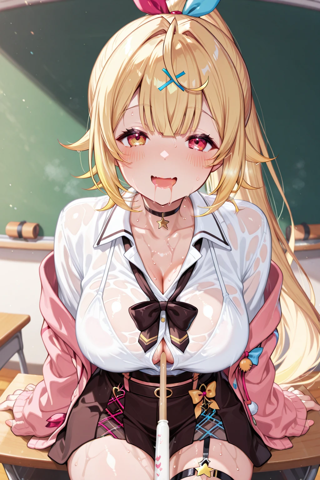 bra visible through clothes, 1girl, breasts, purple eyes, solo, underwear, blond hair, bangs, long hair, shirt, bra, blush, see-through, white shirt, huge breasts, upper body,cum facial