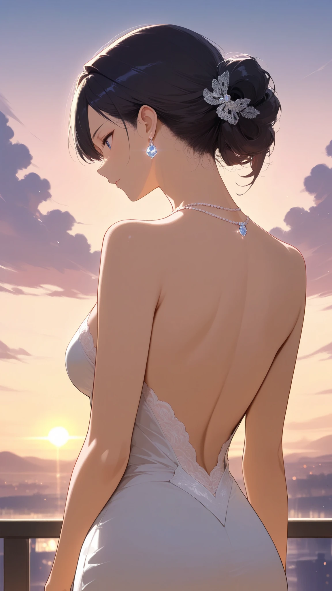 artistic, Ultra High Definition, Open Back Dress, elegant woman, delicate neck jewelry, Dignified profile , lace decoration, up hair, sunset view, Elegant Atmosphere