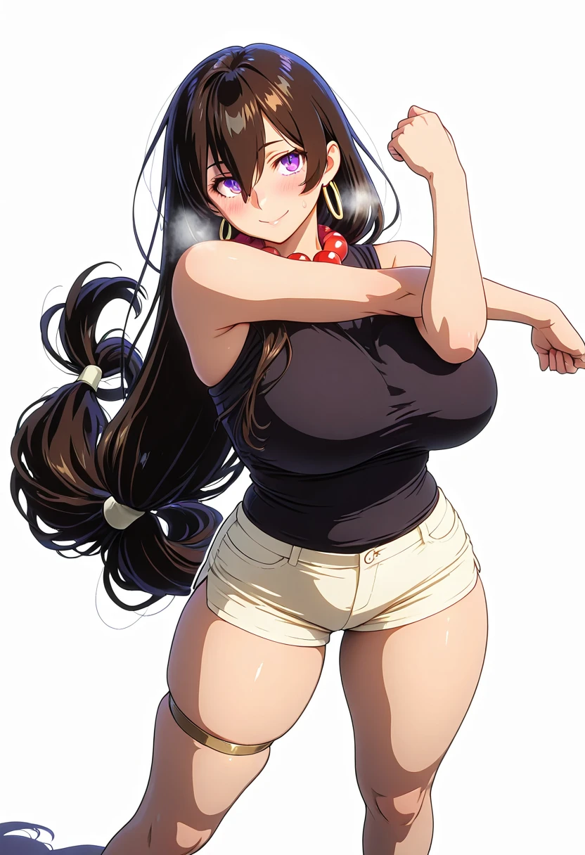 cowboy shot, upper body view, anime style: 1.8, anime drawing, ultra detailed face, ultra detailed body, 4k, Sumergai Lee Noriega, (standing), best quality, anime style, hires, highest definition, digital blending, bold drawing lines, ((slender body, female wrestler), (location: wrestling arena, crowds watching), (weak body, slender body, broad shoulders), ((white micro bikini top, long pants, white boots, white gloves, collar)), victorious, winner, smile, , (big breasts), (big eyes, brown eyes), (warming up), (brown hair, loose hair, curly hair, wavy hair, long hair, missy hair), 27 years old,