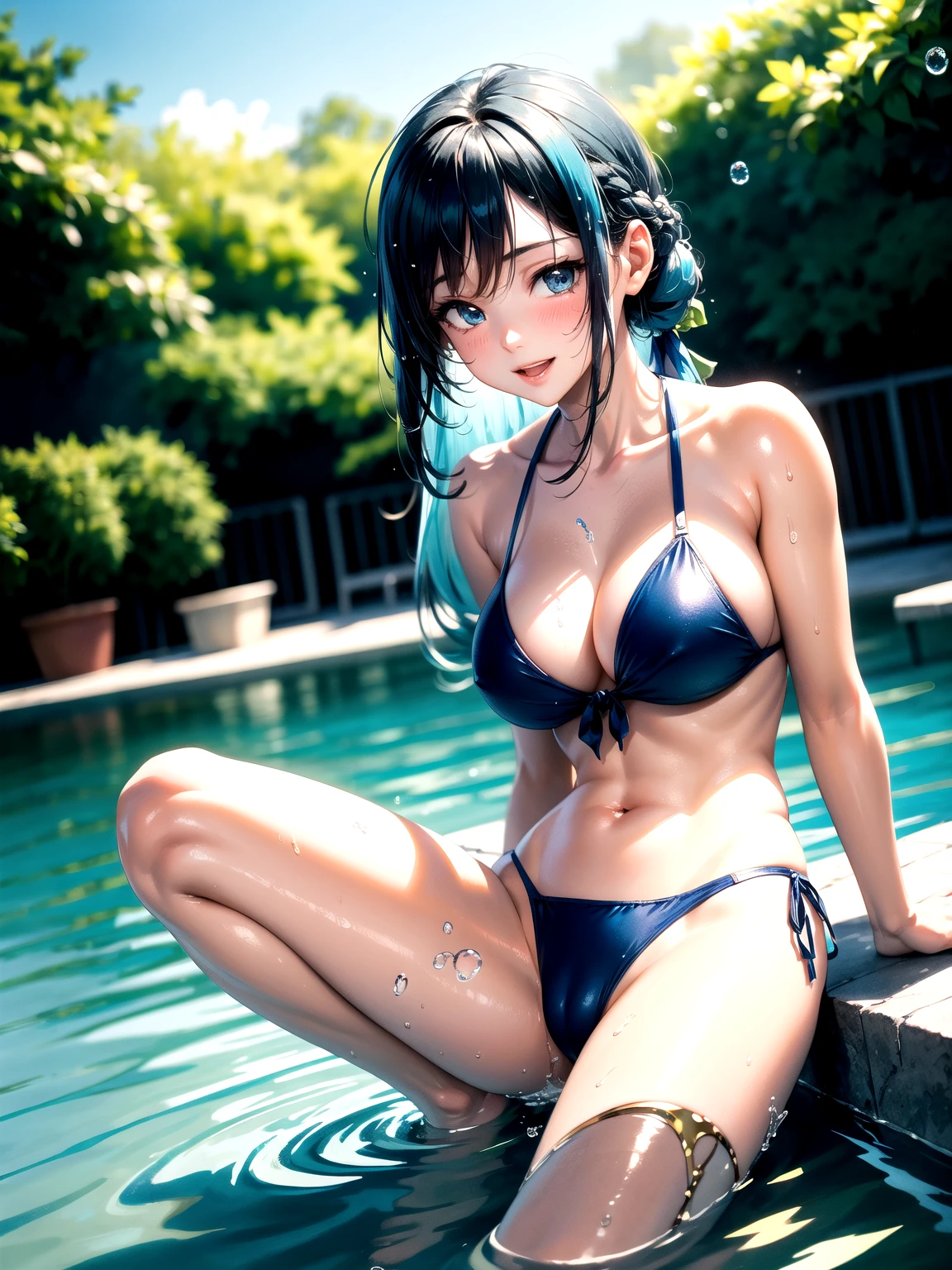1 lady, solo, ultra HD quality, detailed beautiful face, (sitting on ground with hands back:), (open legs to limit, one knee up:), (Large breasts), (cleavage), smile, (thin thighs:1.5),(tiny microbikini swimsuit), poolside, at night, (Green detailed eyes),
