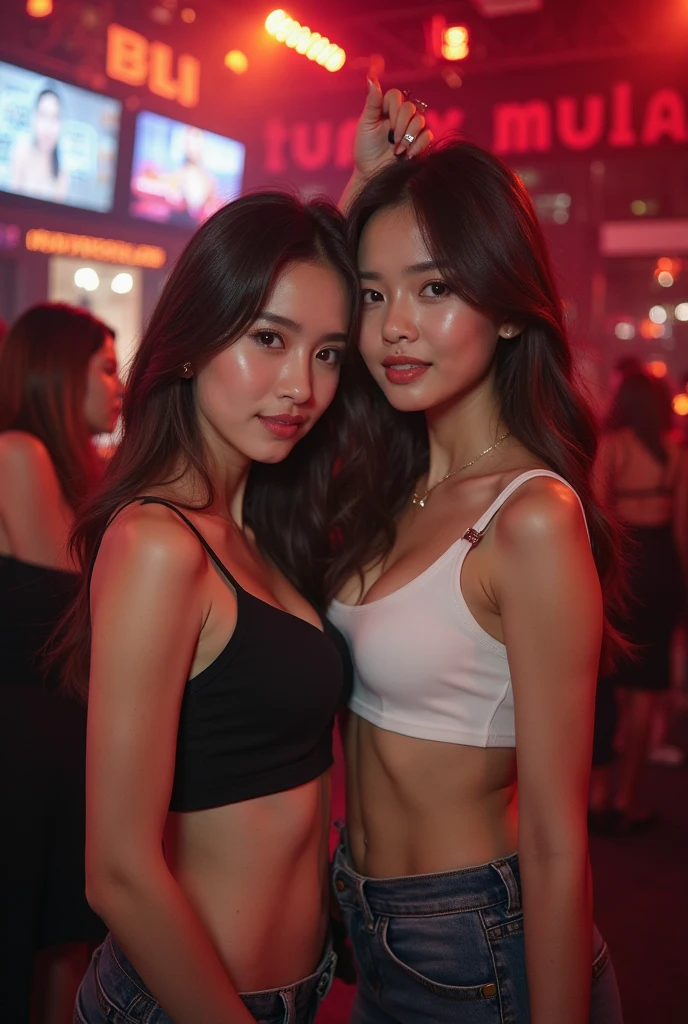 Erstellen Sie ein Bild von drei sexy, schlanken, Thai bar girls from Bangkok with red tank tops and red mini skirts in front of a bar scene, die sich nachts gegenseitig necken, Smileing, Tanzen