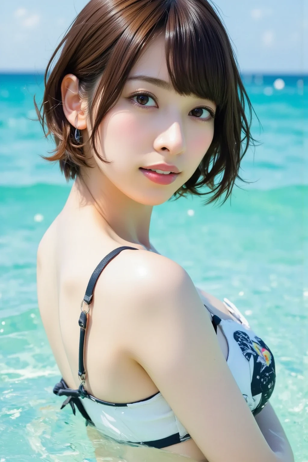 (Best-quality, Masterpiece, Ultra-High-Resolution, (Photorealistic:1.4), Raw Photo, depth of field, professional lighting, perfect anatomy, extremely details, back view, cowboy shot), 1girl, 15-years-old, the most famous Japanese idol, (wearing bigsized colorful-bikini with cute-design), ((in summer beach, detailed summer-beach)), dynamic pose, ((extremely cute face like the most popular Japanese idol, (extremely cute and extremely big black-eyes), extremely beautiful black-short-cut-haired)), (((extremely beautiful and extremely realistic skins))), extremely beautiful long-eyelashes, extremely beautiful lips, extremely childish body, extremely beautiful thighs, looking back, ((innocent smile))