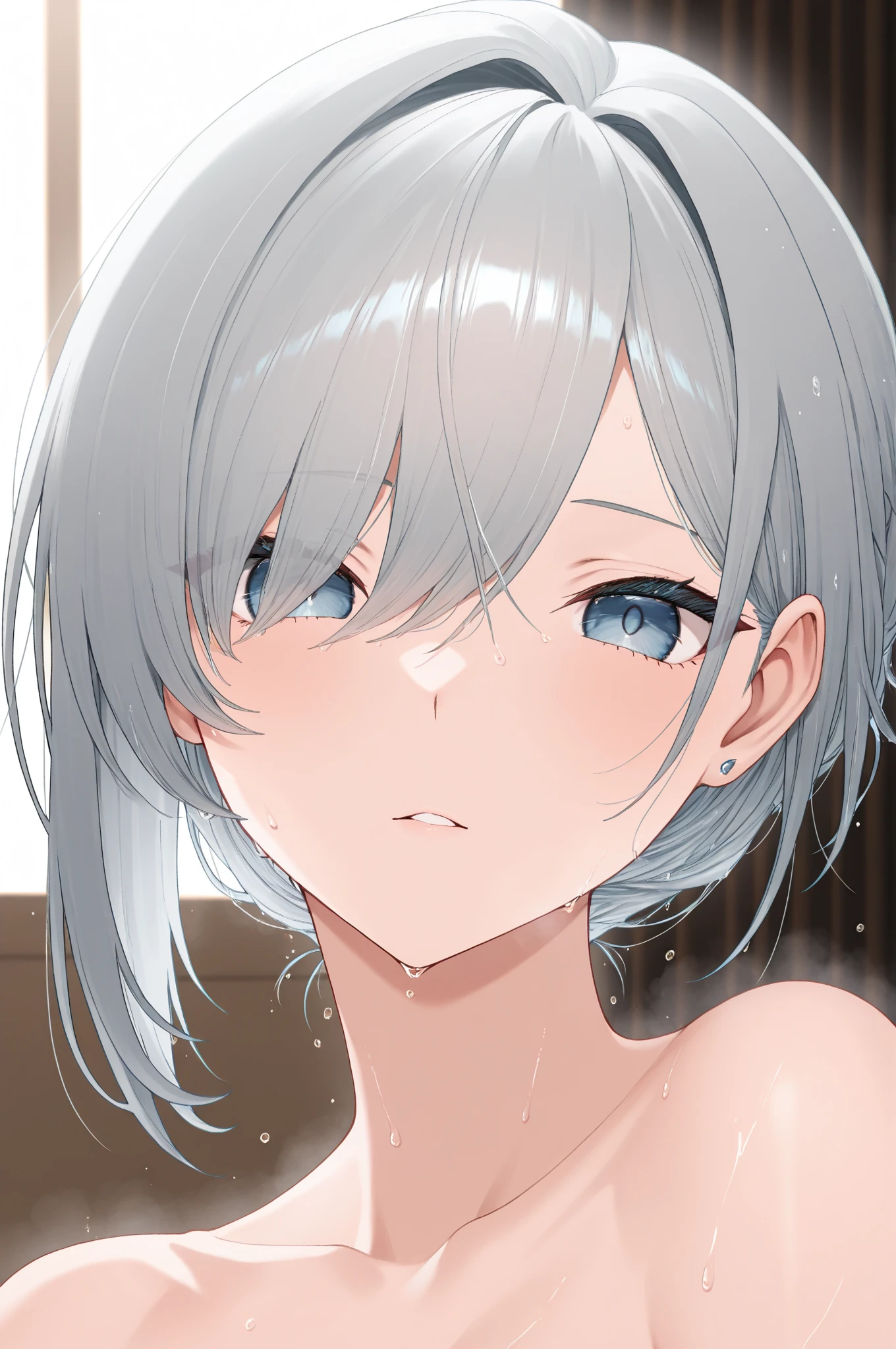 ((Naked))、(Pussy and pubic hair visible)、(Small breasts and visible nipples)、、Face sitting、((大きいペニスを顔に押し付けてsemenを浴びる女性))((masterpiece、Very detailed、High resolution))、Glare、Expressionless、toilet、 Sweaty face、A look of contempt、shame、Completely naked、Silver Hair、Constraints、short hair、semen