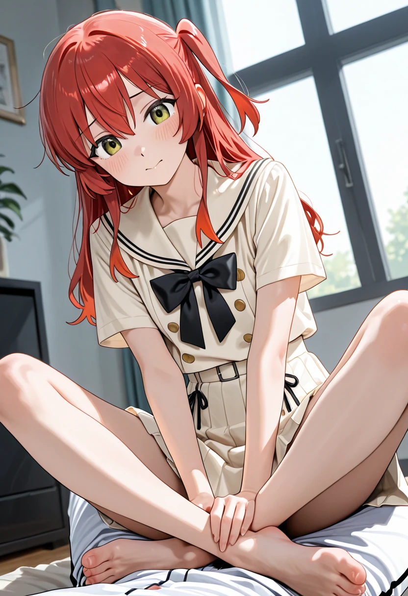 room, 1 Girl, Highest quality, Ultra-high resolution, Long Hair, Redhead, Green Eyes,Sailor suit、mini skirt, Looking at the audience, Small breasts,Thighs、 Sitting on the sofa, , smile, Open your mouth,(((Spread your legs wide)))、Panty shot、Cute Panties