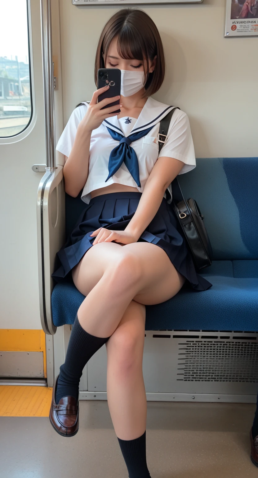 score_9, score_8_up, score_7_up, uncensored, realistic, in train, tokyo, from below,
1girl, cute, (child:1.2), (short female:1.2), japanese, black hair, long hair, bangs, half covering eyes, closed mouth, smile, huge breasts, navel, midriff,
school_uniform, sailor_uniform, dark blue skirt, microskirt, skirt lift, lifted skirt, black panties, crop top,
sitting seat, spread legs,