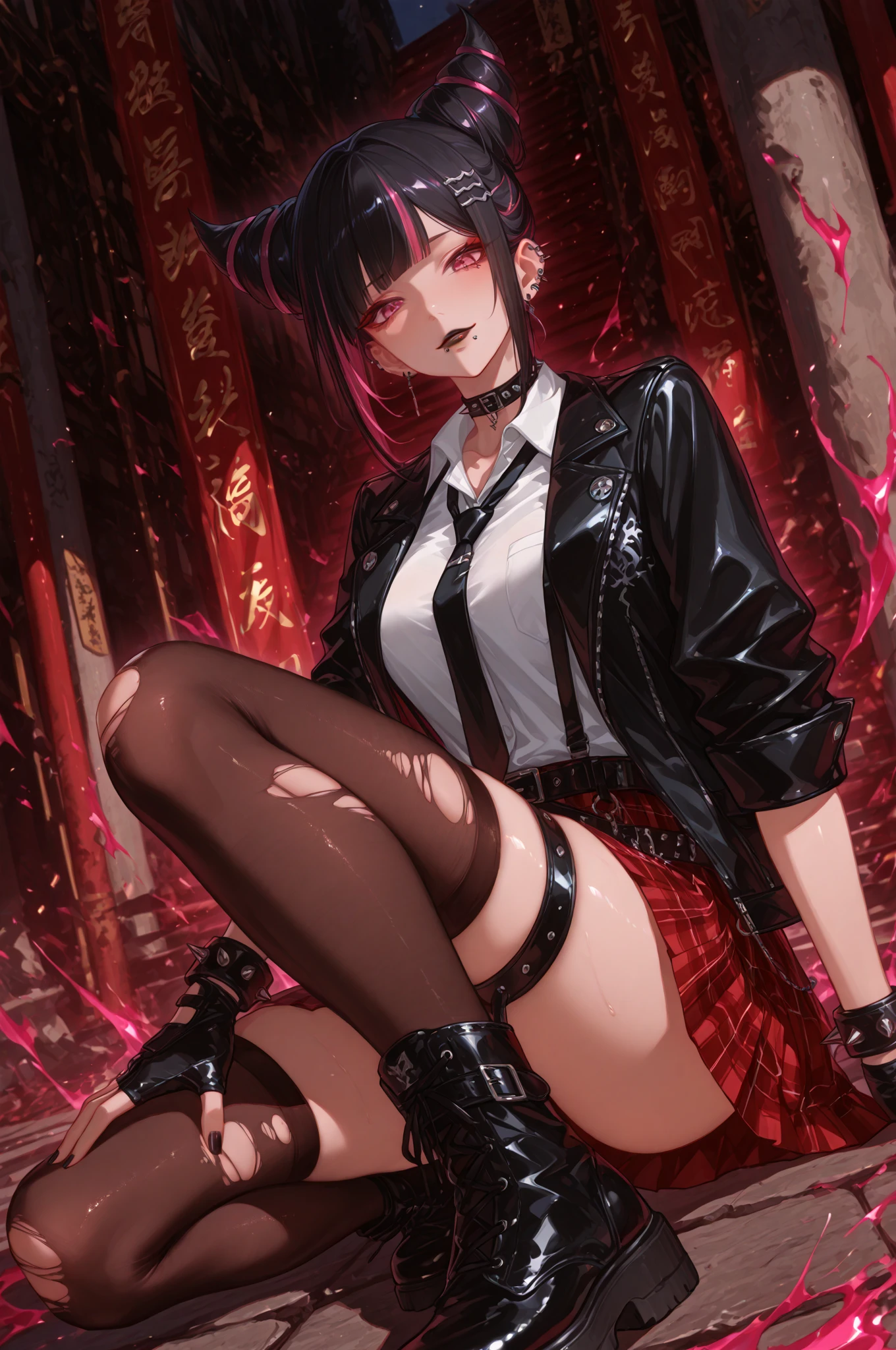eye glass、Twin-tailed、Side Up、red eyes、Full body、A dark-haired、Gothic punk、A dark-haired、Blunt bangs、Ahegao ( Silly / Sexual ecstasy)、Cross-eyed、Stranger、View other people、Blunt bangs、 over-kneehighs,Ahegao , Silly,Sexual ecstasy,Drunken eyes,Blunt bangs,(masutepiece:1.2, Best Quality), (finely detailed beautiful eye: 1.2), (Detailed background,Dark Fantasy), (beautifull detailed face), High contrast, (Best Illumination, extremely delicate and beautiful), ((Cinematic Light)), Colorful, Hyper Detail, Dramatic light, Intricate details,