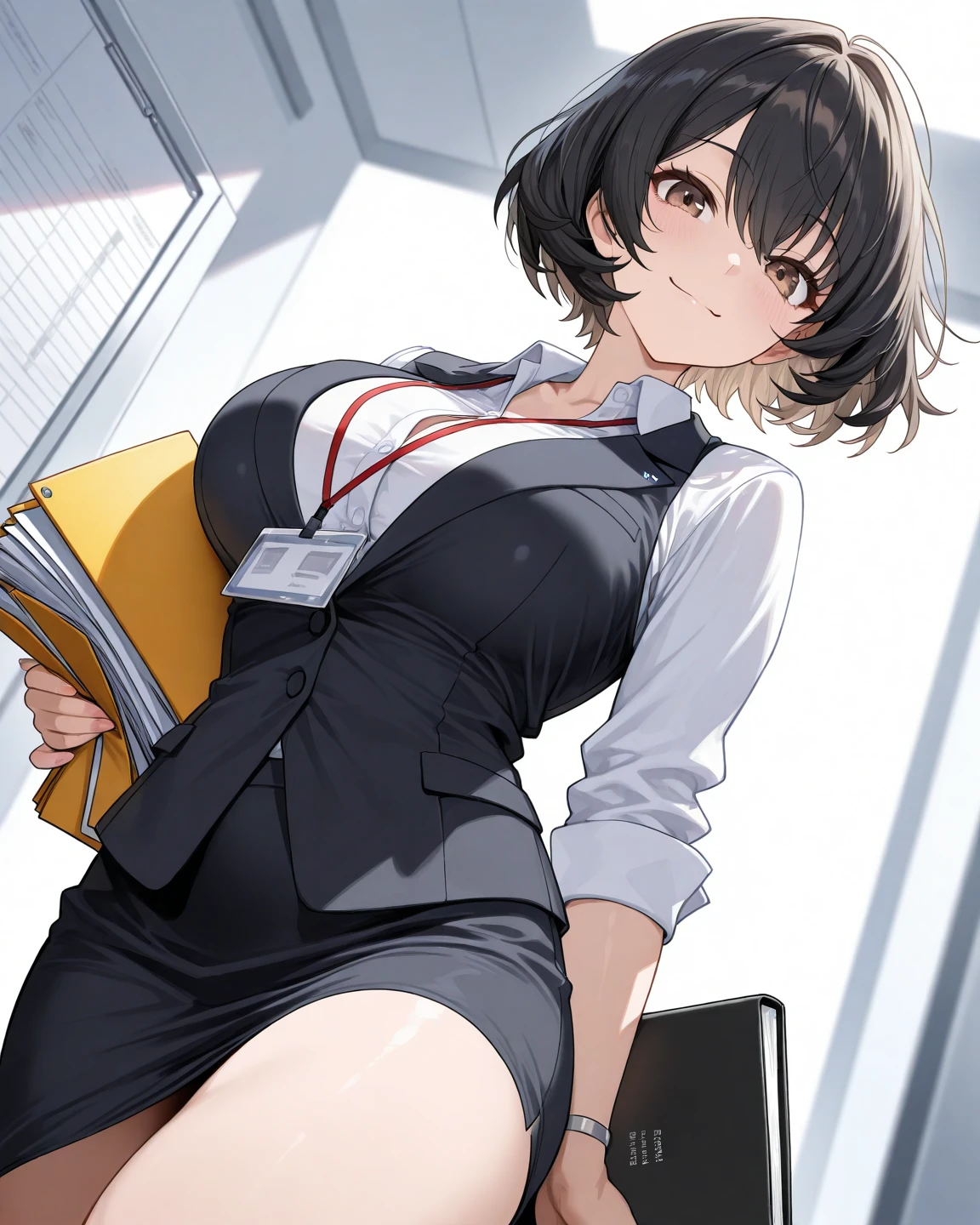 (Highest quality, 8K, 32k, masterpiece, Ultra-high resolution: 1.2), 1 Girl, Beautiful Japanese Woman, thinウエスト, (Gray suit), Open jacket, 魅力的なoffice Lady, suit, (Gray Tight Skirt), office, office, machine, Beautiful Face, Brown Hair, Bob Hair, Saggy eyes, Slender figure,Cleavage, thin, whole body, Detailed expression down to the fingertips,Sexy thighs, One Woman, alone, A charming smile,White panties,Peeking inside the skirt from below,Angle from below,Low - Angle